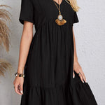 A-Line Loose Pleated Solid Color Split-Joint V-Neck Mini Dresses