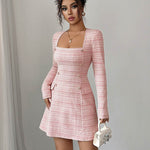A-Line High Waisted Buttoned Contrast Color Plaid Square-Neck Mini Dresses