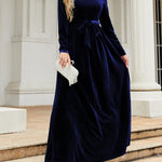 Long Sleeves Wrap Belted Pleated Solid Color Zipper Round-Neck Maxi Dresses