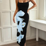 Bodycon High Waisted Abstract Printed Contrast Color Spaghetti-Neck Midi Dresses