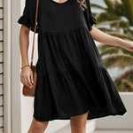 A-Line Flared Sleeves Pleated Pockets Ruffled Solid Color Split-Joint Round-Neck Mini Dresses