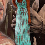 Modern Day Tie-dye Print Back Lace-up Stretch Maxi Dress