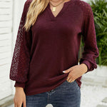 Waffle Grace Stitching Long Sleeve V-Neck T-Shirt Top Women