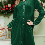 Green Long Sleeve Ruffle Velvet Button Up Shirt Dress