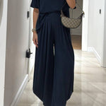 Light Grey Casual Top and Wide-leg Pants Set