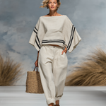 Women's Minimalist Linen Blend Batwing Sleeve Blouse And Trousers Set