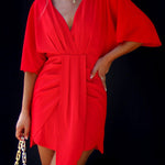 Batwing Sleeves Skinny Pleated Solid Color Split-Joint V-Neck Mini Dresses