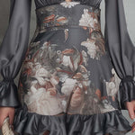 Vintage Elegant Dark Floral Ruffle Mini Dress