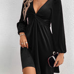 A-Line High Waisted Knot Pleated Solid Color Split-Joint Velvet Deep V-Neck Mini Dresses