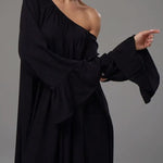 A-Line Flared Sleeves Pleated Solid Color Split-Joint Round-Neck Maxi Dresses