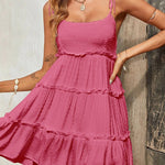 A-Line Loose Jacquard Layered Pleated Solid Color Split-Joint Spaghetti-Neck Mini Dresses