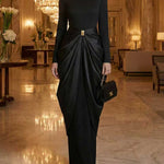 Long Sleeves Buckle Draped High-Neck Evening Dresses Maxi Dresses