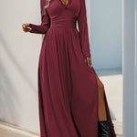 A-Line High Waisted Pleated Solid Color Split-Side V-Neck Maxi Dresses