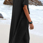Summer loose casual cotton and linen solid color round neck short-sleeved mid-length dress