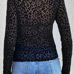 Black Leopard Stand Neck Sexy Long Sleeve Mesh Top