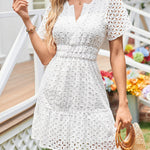A-Line Loose Elasticity Hollow Pleated Solid Color Split-Joint V-Neck Mini Dresses