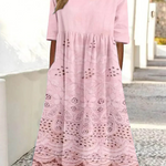 Vintage Lace Floral Print Round Neck Pocket Midi Dress