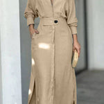 Full-Sleeve V Neck Belt Button Pocket Midi Dress