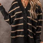 Black Stripe Buttoned V Neck Drop Shoulder Loose Cardigan