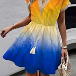 A-Line Loose Elasticity Gradient Hollow Split-Joint Tasseled Tied Waist V-Neck Mini Dresses