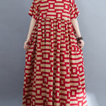 Loose Short Sleeves Plaid Round-Neck Midi Dresses