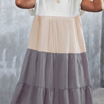 Loose Ruffle Sleeves Contrast Color Falbala Pleated Split-Joint Round-Neck Mini Dresses