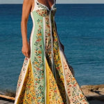 Sweet Garden Linen Blend Color Block Floral Paneled Maxi Dress