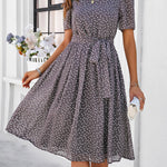 A-Line Elasticated Waist Contrast Color Polka Dot Split-Joint Tied Waist Round-Neck Midi Dresses