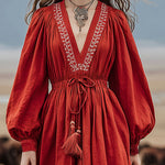 Western-style Vintage Embroidered Red Cotton And Linen Maxi Dress