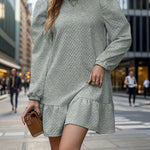 A-Line Long Sleeves Jacquard Pleated Solid Color Split-Joint Round-Neck Mini Dresses