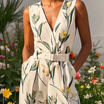 Sleeveless Wide Leg No Belt Pleated Printed Split-Joint V-Neck Jumpsuits
