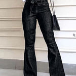 Flared Pants High Waisted Solid Color Tied Waist Jean Pants Bottoms