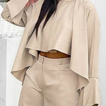 High-Low Loose Pleated Solid Color Split-Joint Round-Neck Blouses&Shirts Tops