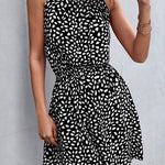 A-Line High Waisted Elasticity Leaves Print Pleated Halter-Neck Mini Dresses