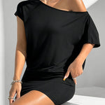 Raglan Sleeve Skinny Asymmetric Solid Color Split-Joint One-Shoulder Mini Dresses