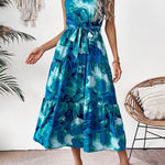 Loose Sleeveless Hollow Pleated Printed Split-Joint Tied Waist Round-Neck Midi Dresses