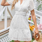 A-Line Loose Elasticity Hollow Pleated Solid Color Split-Joint V-Neck Mini Dresses