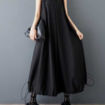 A-Line Loose Drawstring Pleated Pockets Solid Color Zipper Spaghetti-Neck Midi Dresses