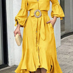 Full-Sleeve V Neck Belt Button Pocket Midi Dress