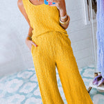 Yellow Crinkled U Neck Tank and Wide Leg Pants Set
