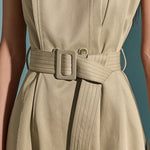 A-Line High Waisted Belted Buttoned Pockets Solid Color Round-Neck Maxi Dresses