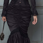 Vintage-style Pleated Collar Lace Trim Flared Hem Polyester Satin Midi Dress