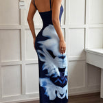 Bodycon High Waisted Abstract Printed Contrast Color Spaghetti-Neck Midi Dresses