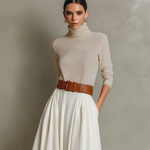 Women's Elegant Apricot Knitted Stretch Turtleneck Long-sleeved Top Paired With A White Skirt