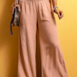 Smocked Elastic Waist Wide Leg Cotton Linen Pants