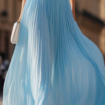 Sky Blue Halter Pleated Maxi Dress
