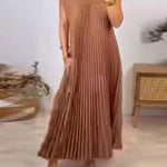 A-Line High Waisted Pleated Pockets Solid Color Split-Joint Round-Neck Maxi Dresses
