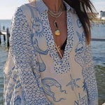 Live By Water Satin Unique Print Tassle Shirt and Elastic Waist Shorts Set