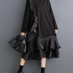 A-Line Long Sleeves Contrast Color Pockets Ruffle Trim Split-Joint V-Neck Midi Dresses