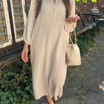 White Textured Turn Down Collar Long Shirt Dress